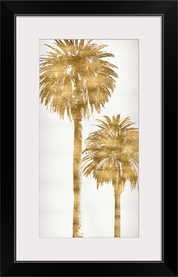 Golden silhouettes of two palm trees on a solid white background.