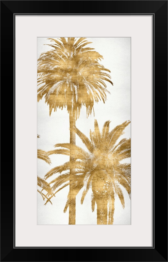 Golden silhouettes of two palm trees on a solid white background.