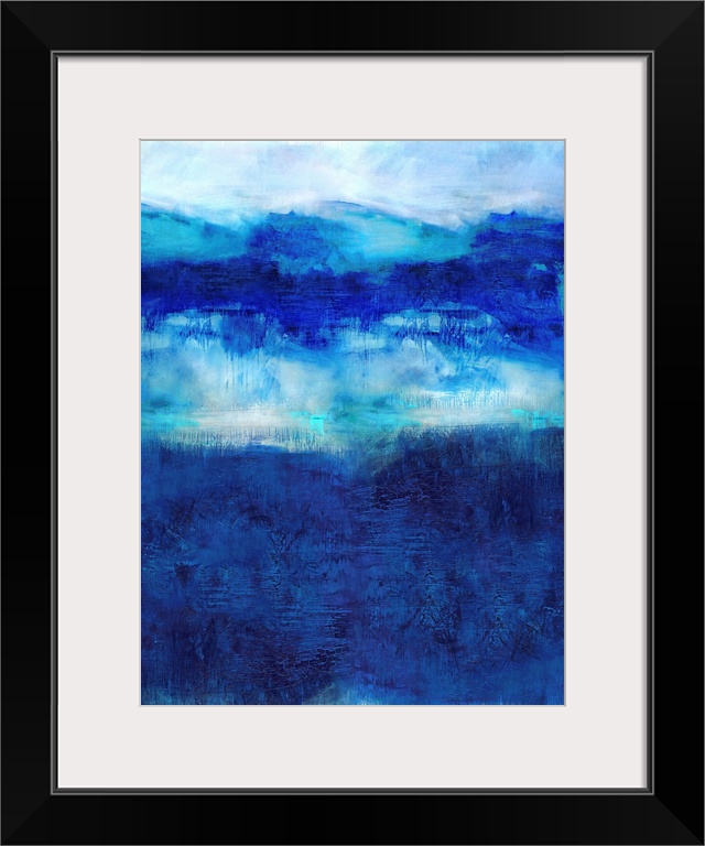 Vertical abstract painting created with deep shades of blue on a white background.