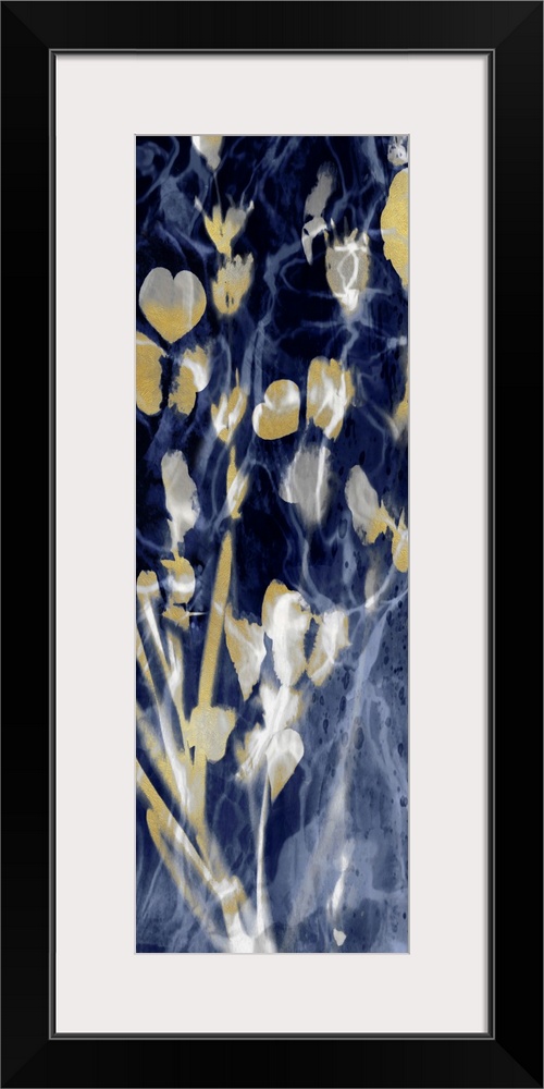 Paneled artwork with metallic gold silhouetted leaves on an hazy indigo background.