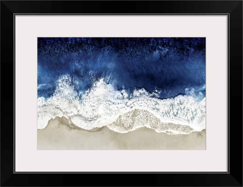 One artwork in a series of aerial shots of a beach as dark blue waves break upon the shore.