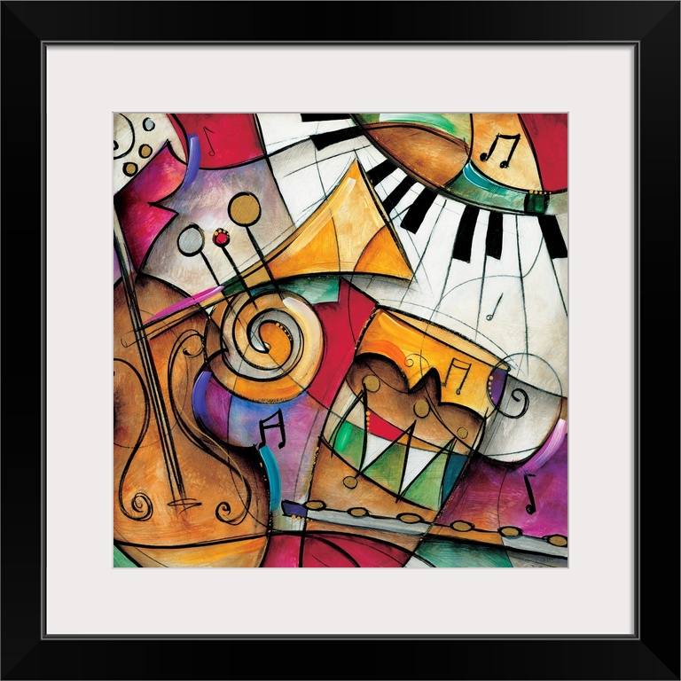 Jazz it Up I by Eric Waugh.  A square abstract painting of varies instruments played in jazz music.