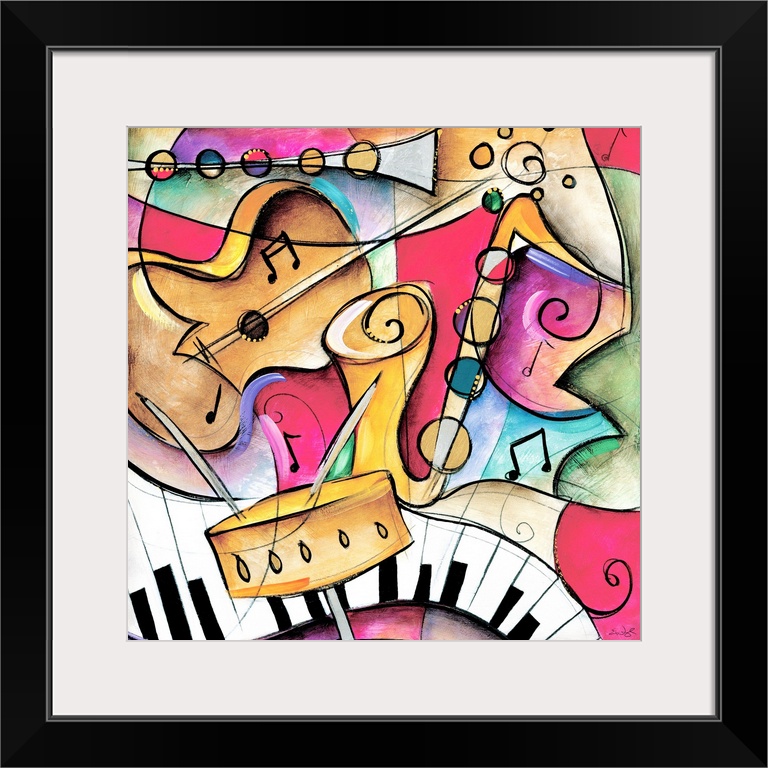 Jazz it Up II by Eric Waugh.  A square abstract painting of varies instruments played in jazz music.