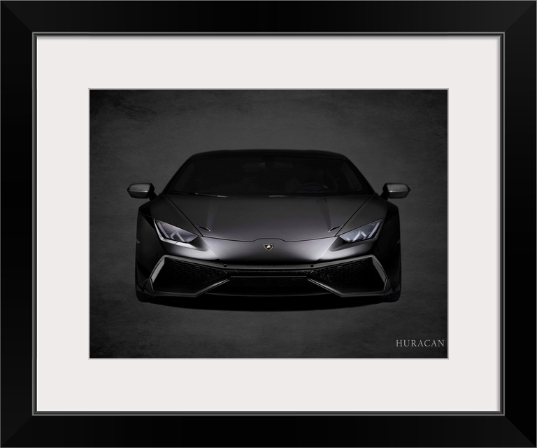 Photograph of a black Lamborghini Huracan printed on a black background with a dark vignette.