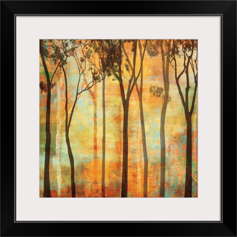 Square decor with silhouettes of tall, thin trees on a warm and colorful background.