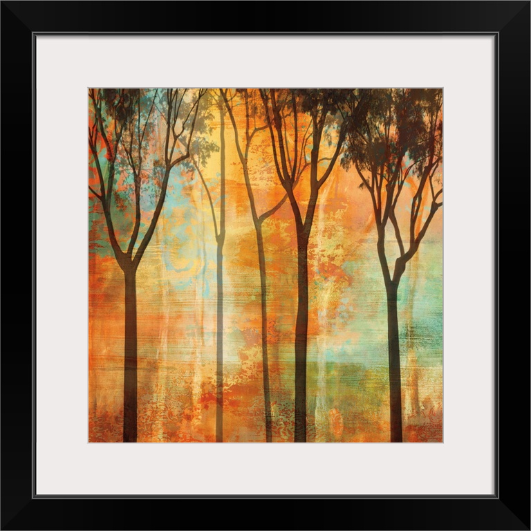 Square decor with silhouettes of tall, thin trees on a warm and colorful background.