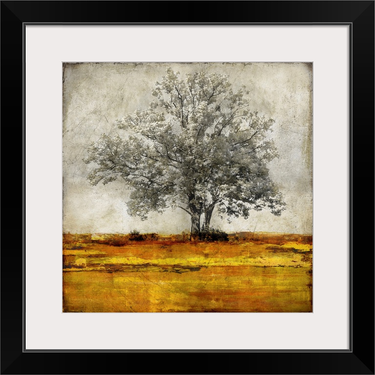 Single gray scaled oak tree with a little bit of gold isolated on a distressed gray and white background with yellow and o...