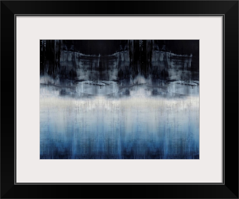 Contemporary abstract artwork of vertical striations in blue, black and off-white.