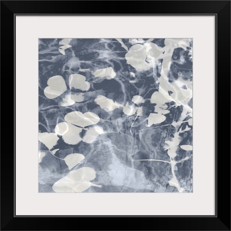 Contemporary artwork featuring soft white petals over a mottled background in shades of gray.