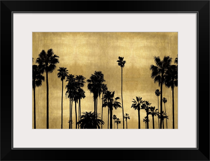 Decorative artwork featuring a black silhouette of palm trees over a distressed background.