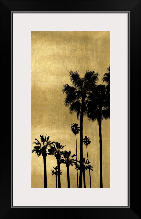 Decorative artwork featuring a black silhouette of a palm tree over a distressed background.