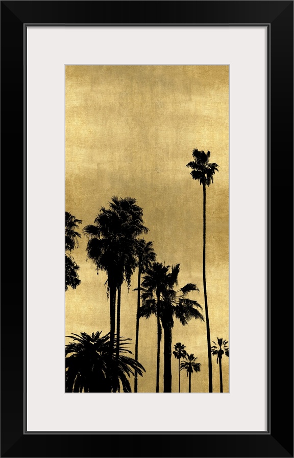 Decorative artwork featuring a black silhouette of a palm tree over a distressed background.