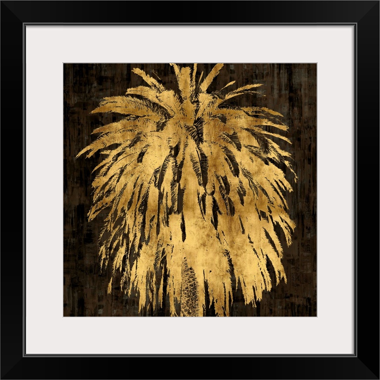 Gold palm tree on a black and brown textured background.