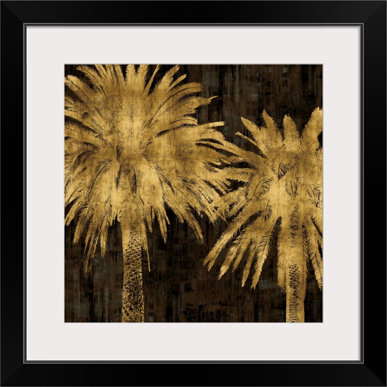 Two gold palm trees on a black and brown textured background.