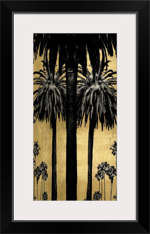 Decorative artwork featuring a black silhouette of palm trees over a distressed background.