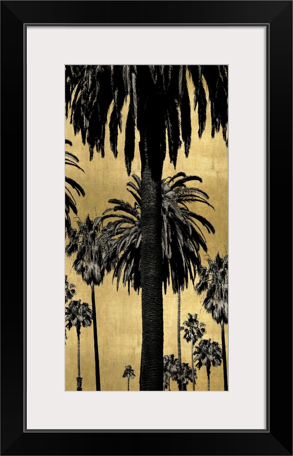 Decorative artwork featuring a black silhouette of palm trees over a distressed background.