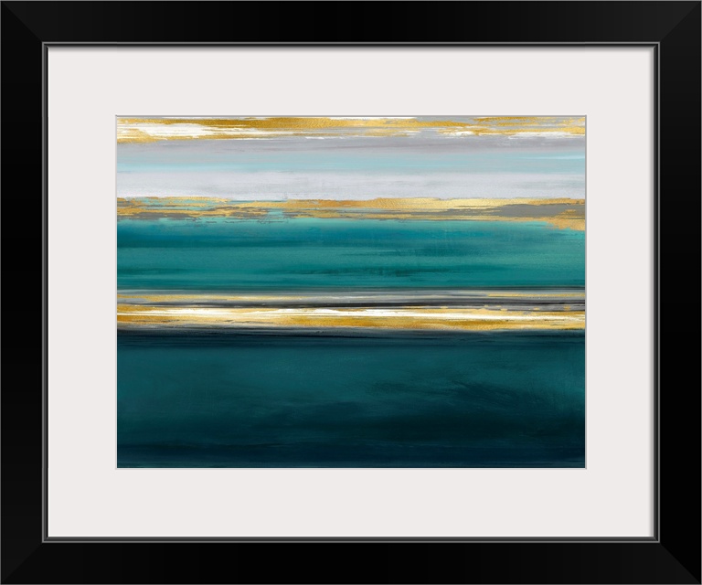 Contemporary artwork featuring three gold brush strokes on a teal gradated background.