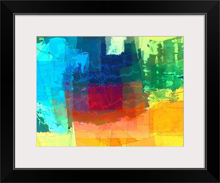 Vibrant abstract art with translucent hues layered on top of each other in different free formed shapes.