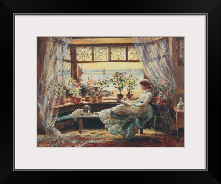 Classic painting of a woman reading at a bay window with her dog.