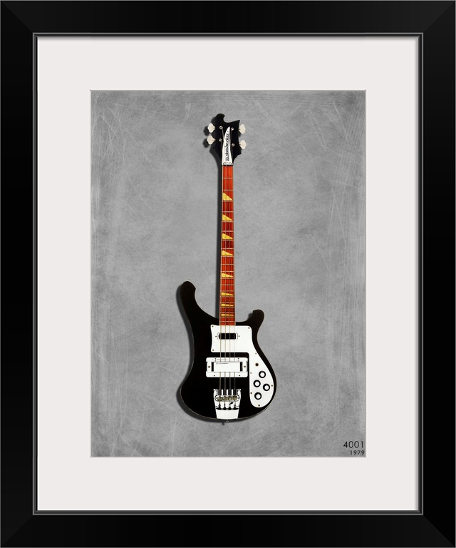 Photograph of a Rickenbacker 4001 1979 printed on a textured background in shades of gray.