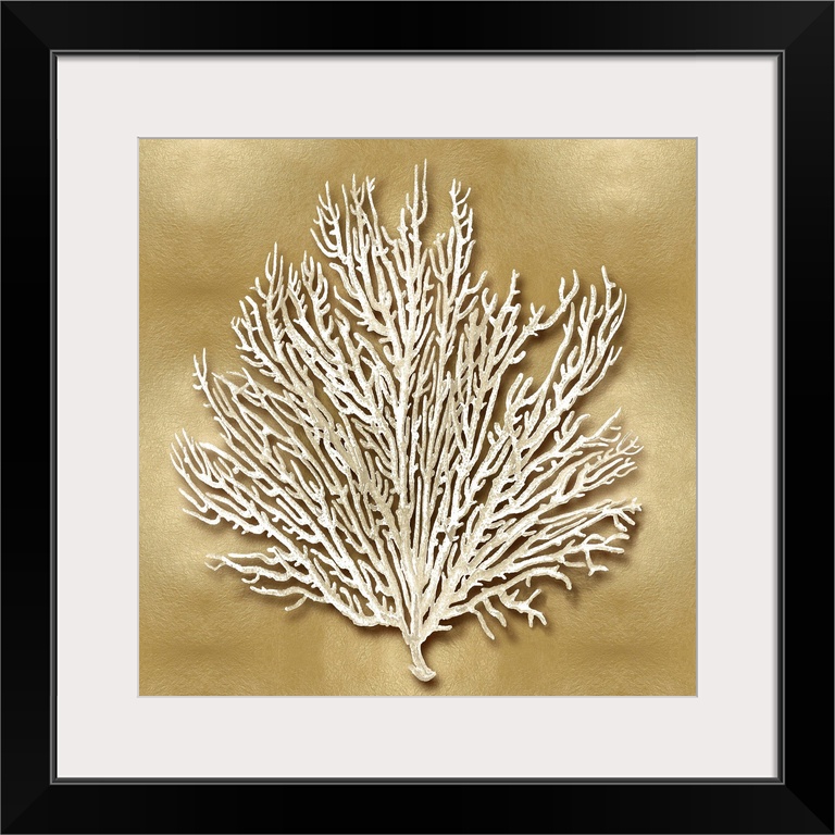 Square beach decor with white coral on a gold background.