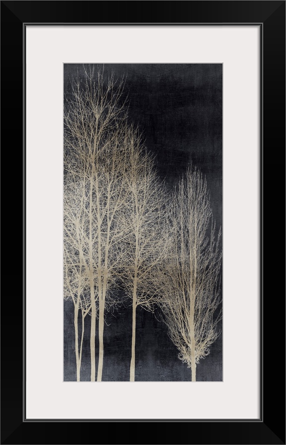 Decorative artwork featuring an aged silver silhouette of leafless trees over a distressed background.