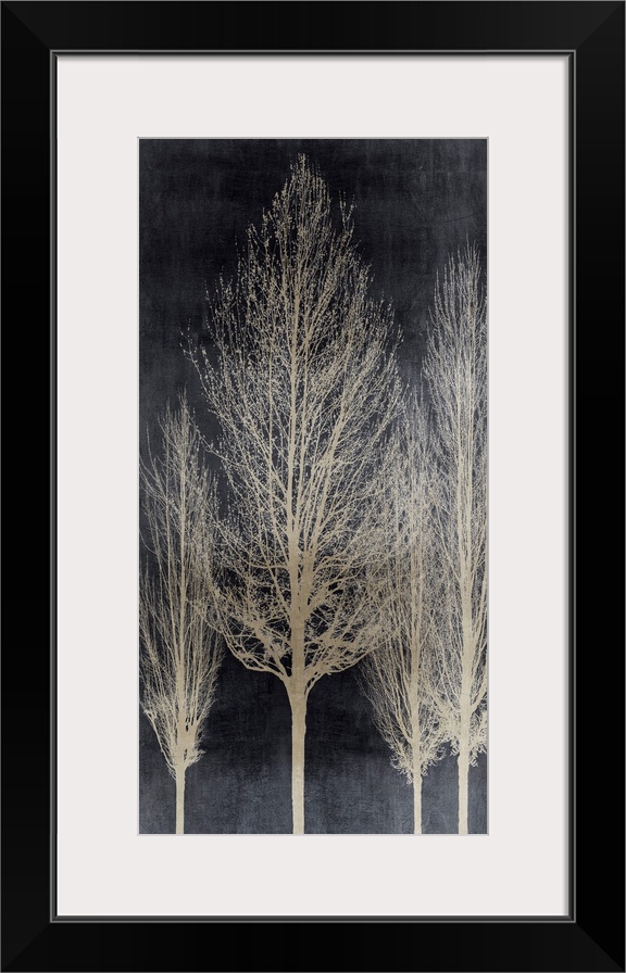 Decorative artwork featuring an aged silver silhouette of leafless trees over a distressed background.