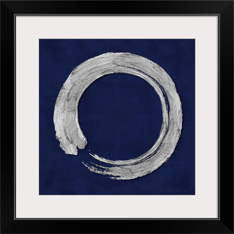 This Zen artwork features a sweeping circular brush stroke in silver over a mottled blue background.