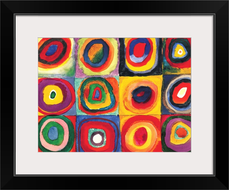 A Contemporary painting of colorful rings of circles within squares.