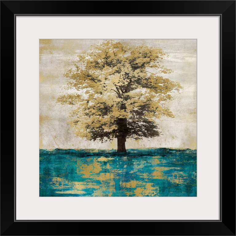 Single metallic gold oak tree isolated on a distressed gray and gold background with teal grass.