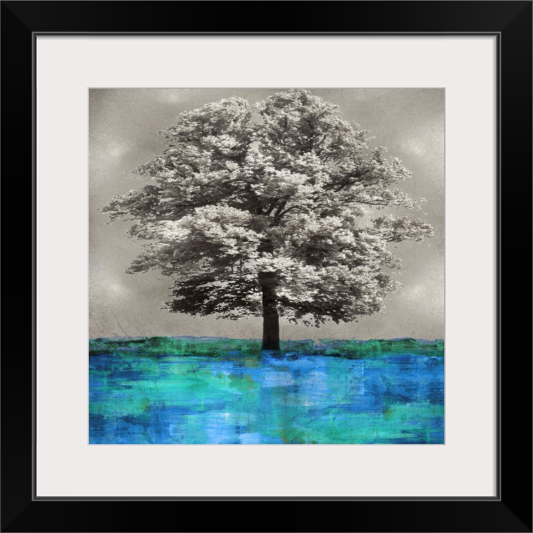 Single gray scaled oak tree with a little bit of gold isolated on a distressed gray and white background with blue and gre...