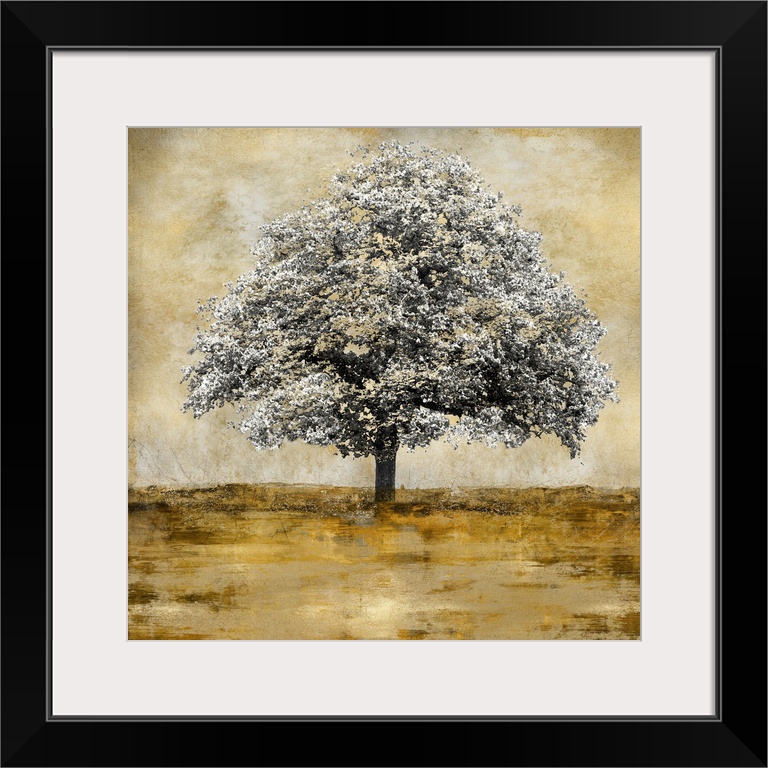 Single gray scaled oak tree with a little bit of gold isolated on a distressed gold and white background with gold and yel...