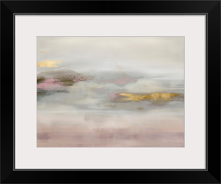 Contemporary abstract artwork in muted pink and white tones with gold colored brush accents.