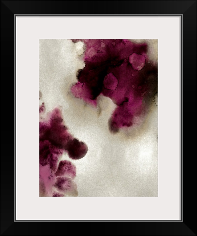 Abstract painting with burgundy and black hues splattered together on a silver background.