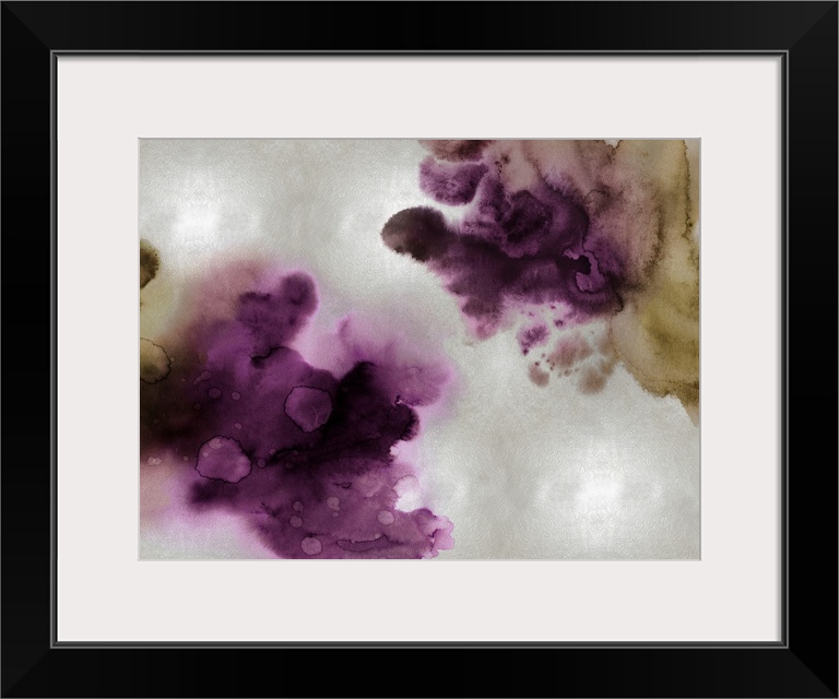 Abstract painting with deep purple and gold hues splattered together on a silver background.