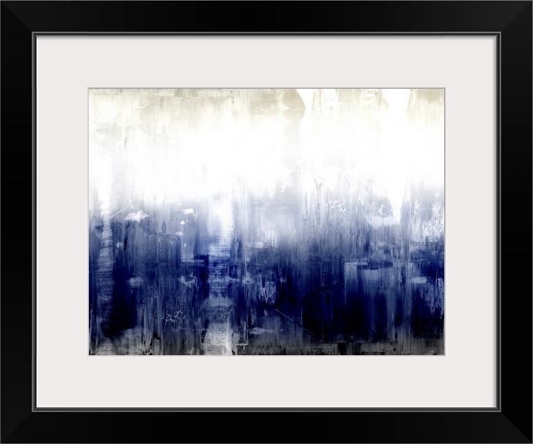 Large abstract painting with deep shades of blue and black at the bottom and lighter hues of gray and white streaking thro...