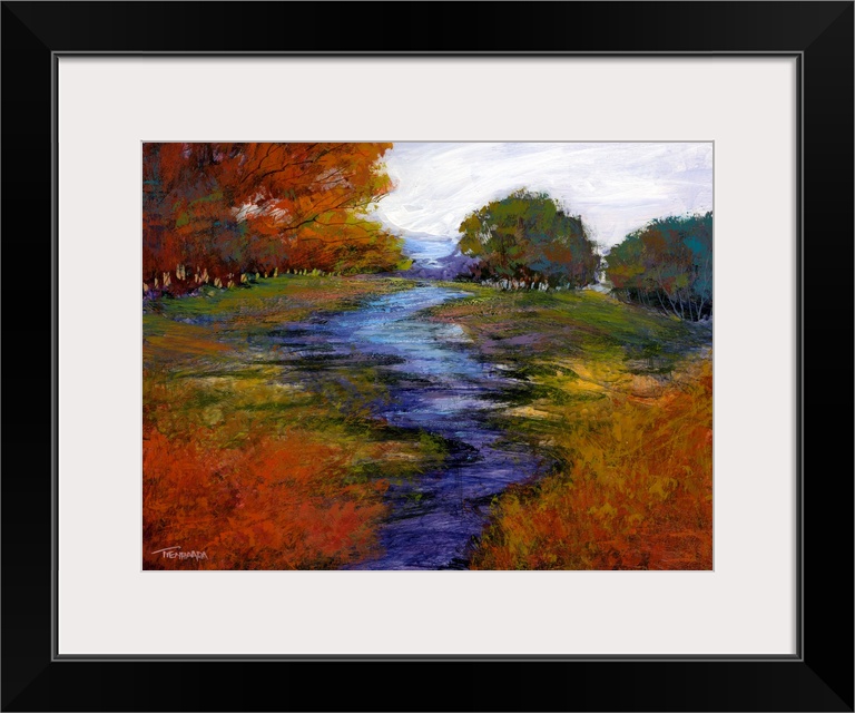 Contemporary painting of a landscape with Autumn trees and a blue and purple tinted creek flowing through the middle.