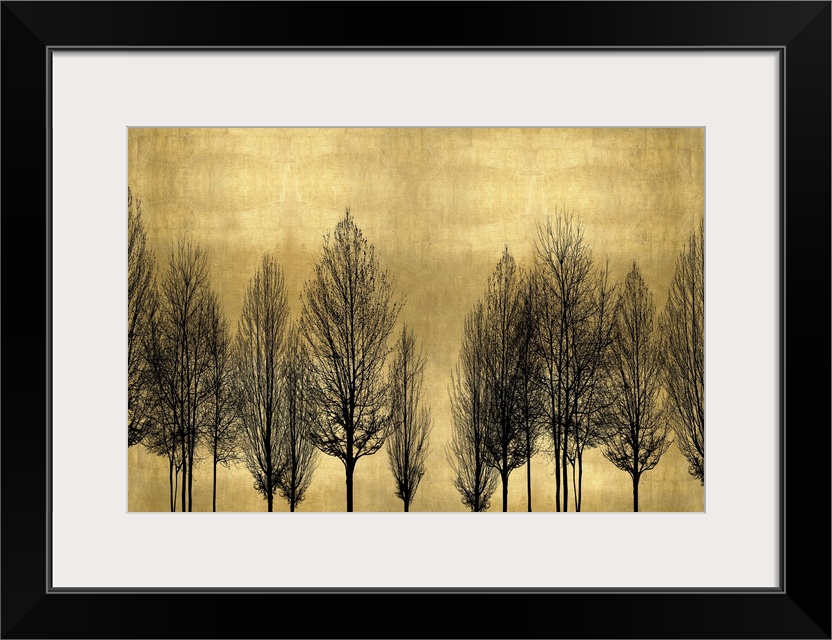 Decorative artwork featuring a black silhouette of leafless trees over a distressed background