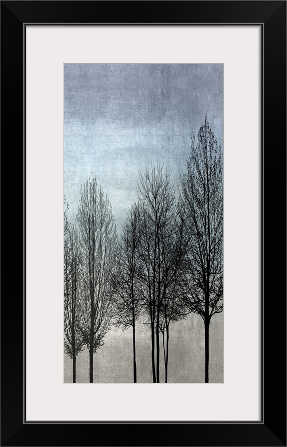 Decorative artwork featuring a black silhouette of leafless trees over a distressed background.