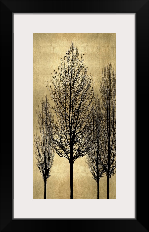 Decorative artwork featuring a black silhouette of leafless trees over a distressed background.