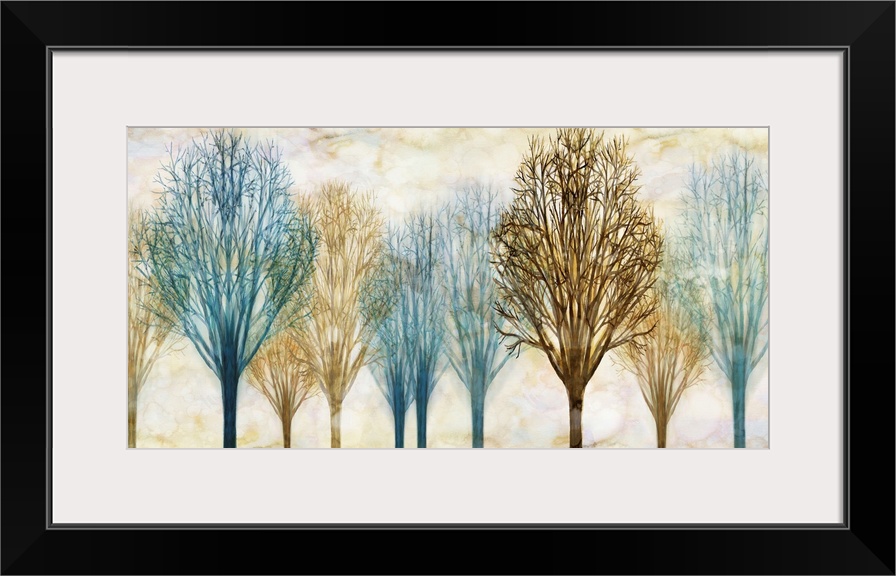 Large artwork with Winter trees in blue and brown hues with a foggy sepia toned background.