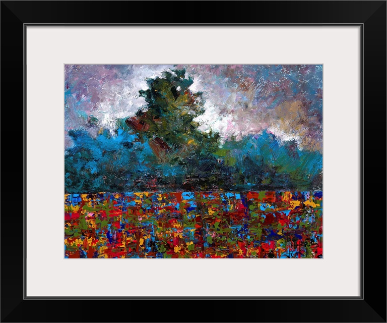 Abstract landscape created with many colors and small, layered brushstrokes.