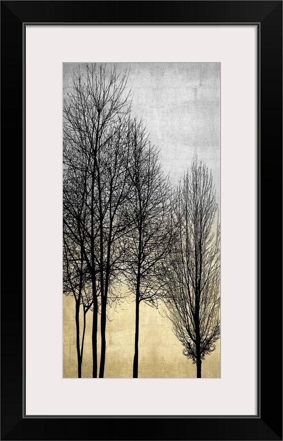 Decorative artwork featuring a black silhouette of leafless trees over a distressed background.