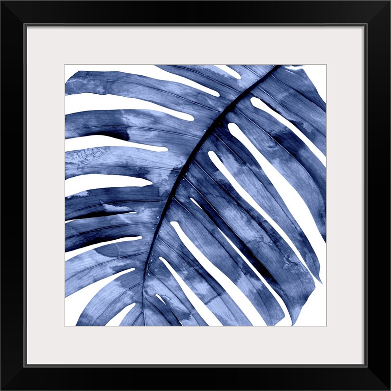 Square decor with an indigo silhouette of a palm leaf on a solid white background.