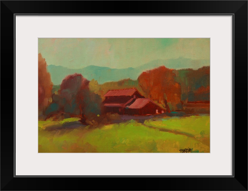 Contemporary landscape painting with a red barn surrounded by Autumn trees and mountains in the distance.