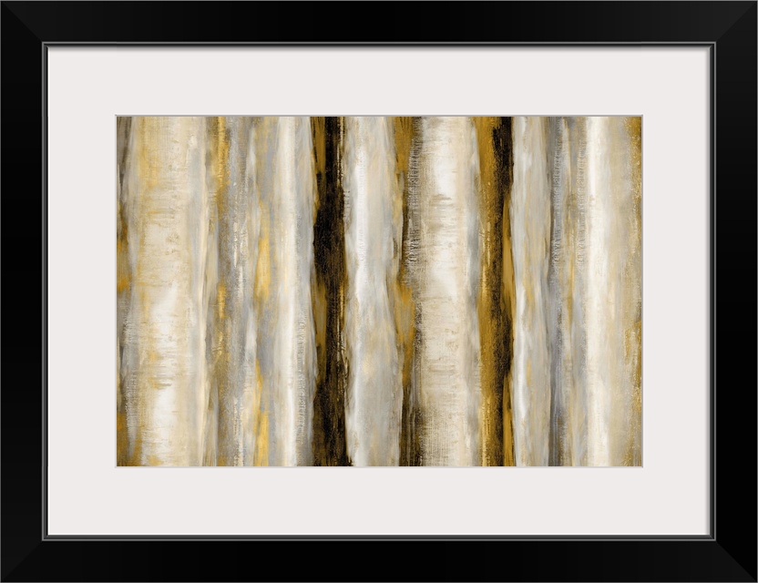 Large abstract painting with bands of metallic gold and silver running vertically across the canvas, and neutral tones in-...
