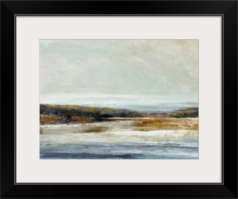 Abstract landscape artwork of the edge where land meets water in subdued colors.