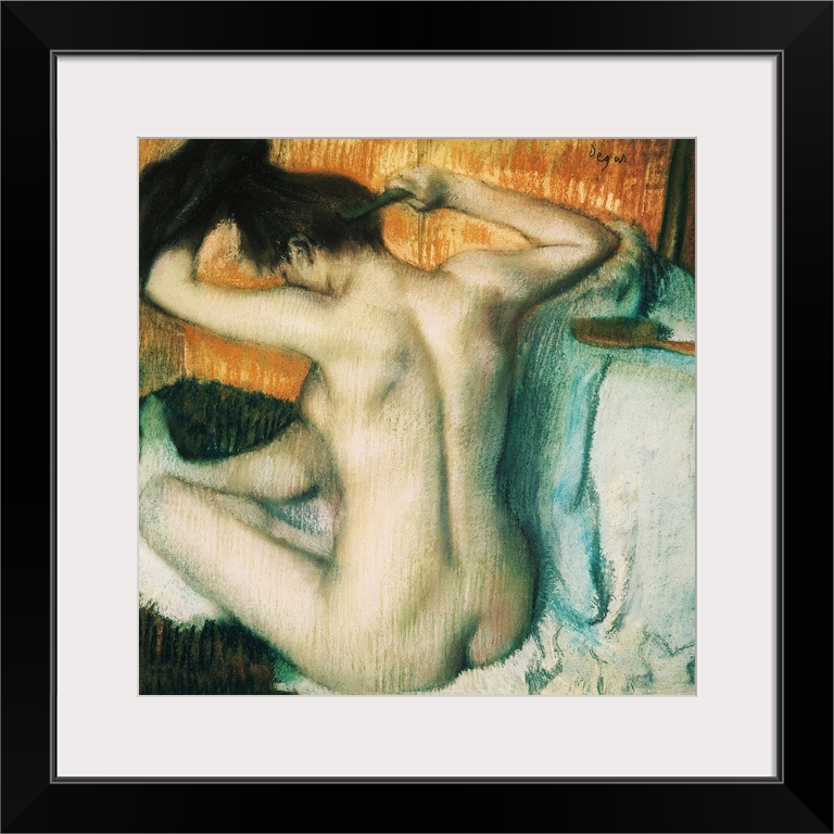 A painting from early 20th century shows nude female figure combing her hair.