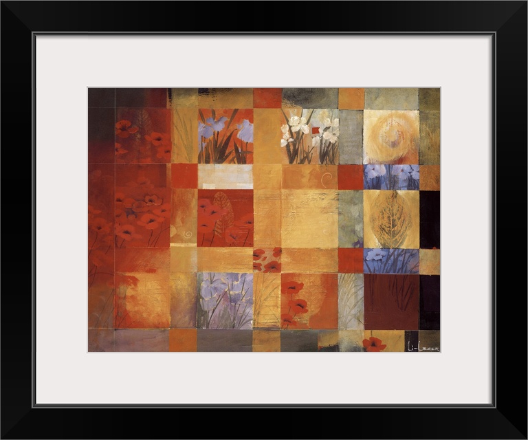 Painting of multiple images in a square grid of leaves and flowers in different colors and views.