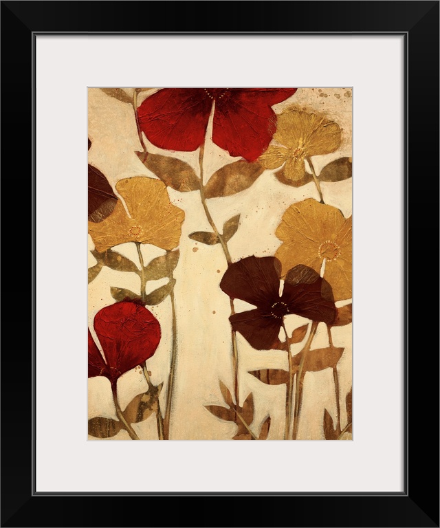 Vertical painting of a group of flowers in muted earth tones with textured petals.